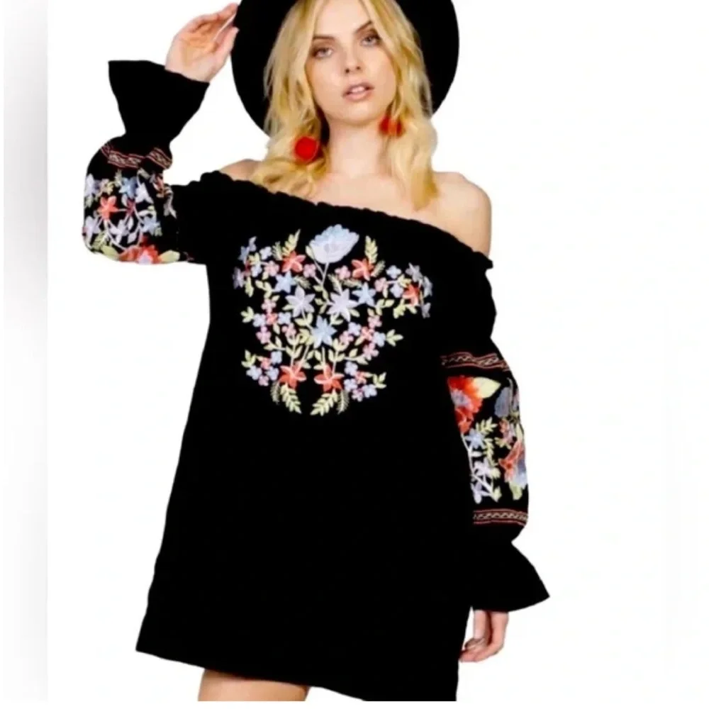 Free People Fleur Du Jour Black Floral Embroidered Off Shoulder Shift Dress S